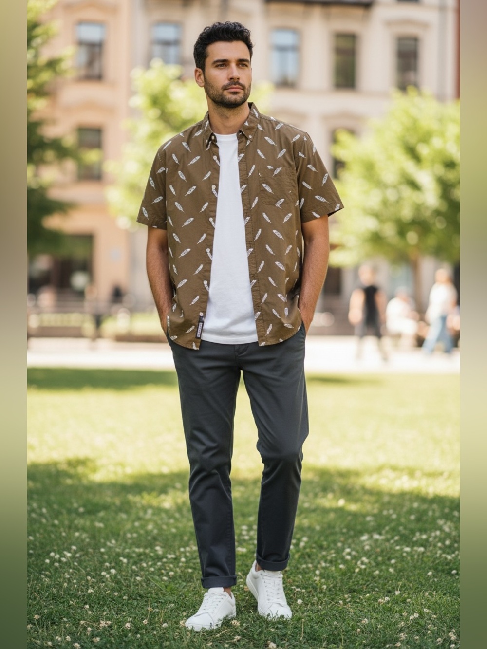 Carbon Short-Sleeve Button-Up in Brown with White Feather Print - Men’s Size XL